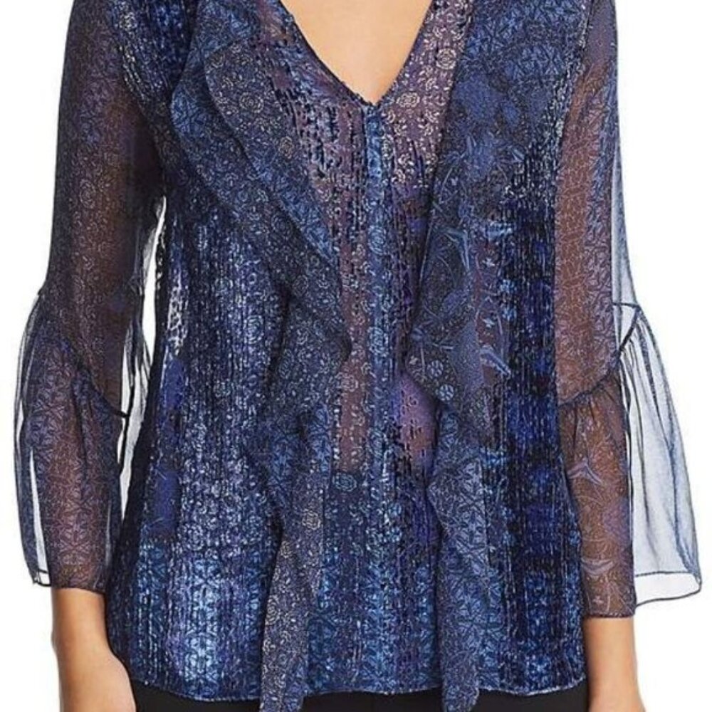 Elie Tahari Silk Ruffle Burnout Velvet Beverly Chiffon Blouse NWT